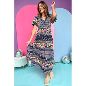 Entro Navy and Pink Floral Maxi Dress